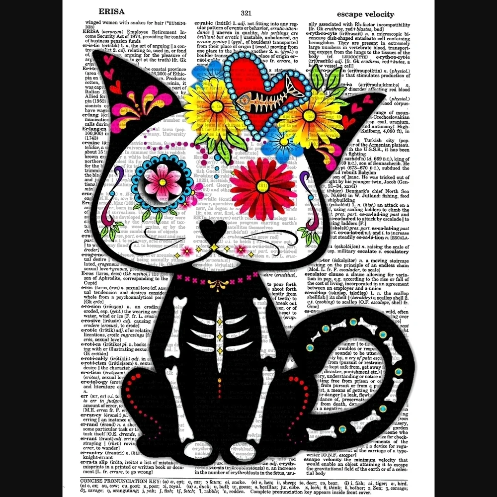 Sugar Skull Kitty Vintage Dictionary Art Print